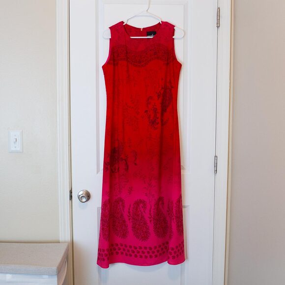 Y2K VTG Red Maxi Dress Tie Dye Paisley Fairycore Gradient M P | Bright Spring - Picture 2 of 8